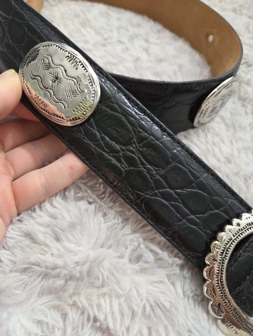 Vintage Harold's Black Croc Embossed Leather Western Concho Belt, Made in Italy